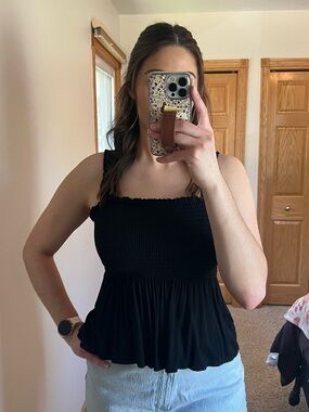 Pink Lily Black Smocked Peplum Camisole